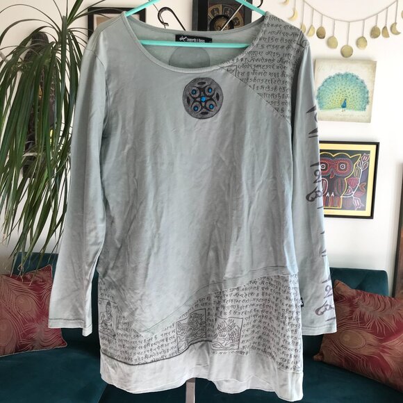 LEOPARDS & ROSES size L Aqua Organic Cotton Embroidered Patches Buddha Tunic Top - Picture 1 of 6